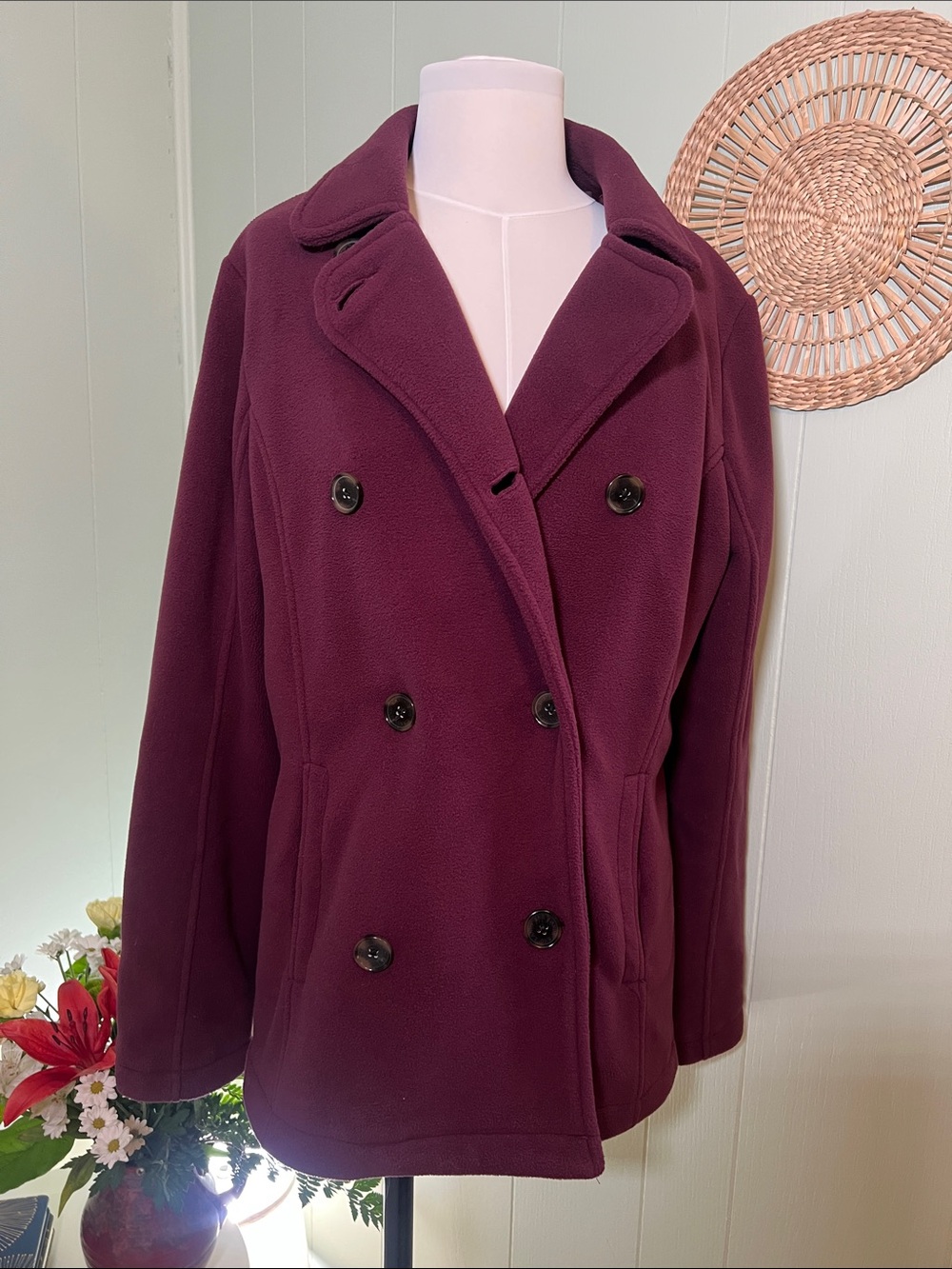 Lands' End Double-Breasted Peacoat in Deep Plum